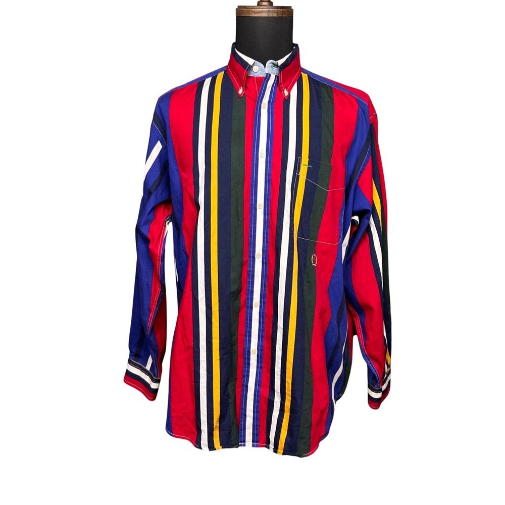VTG Tommy Hilfiger Button Down Men M Multicolor Striped Crest Logo 90s Preppy